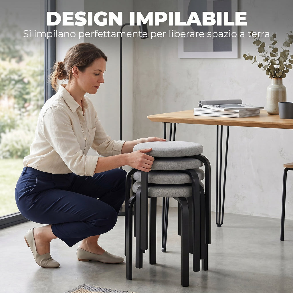 HOMCOM Set of 4 Modern Stackable Stools with Cushion, Round, Grey