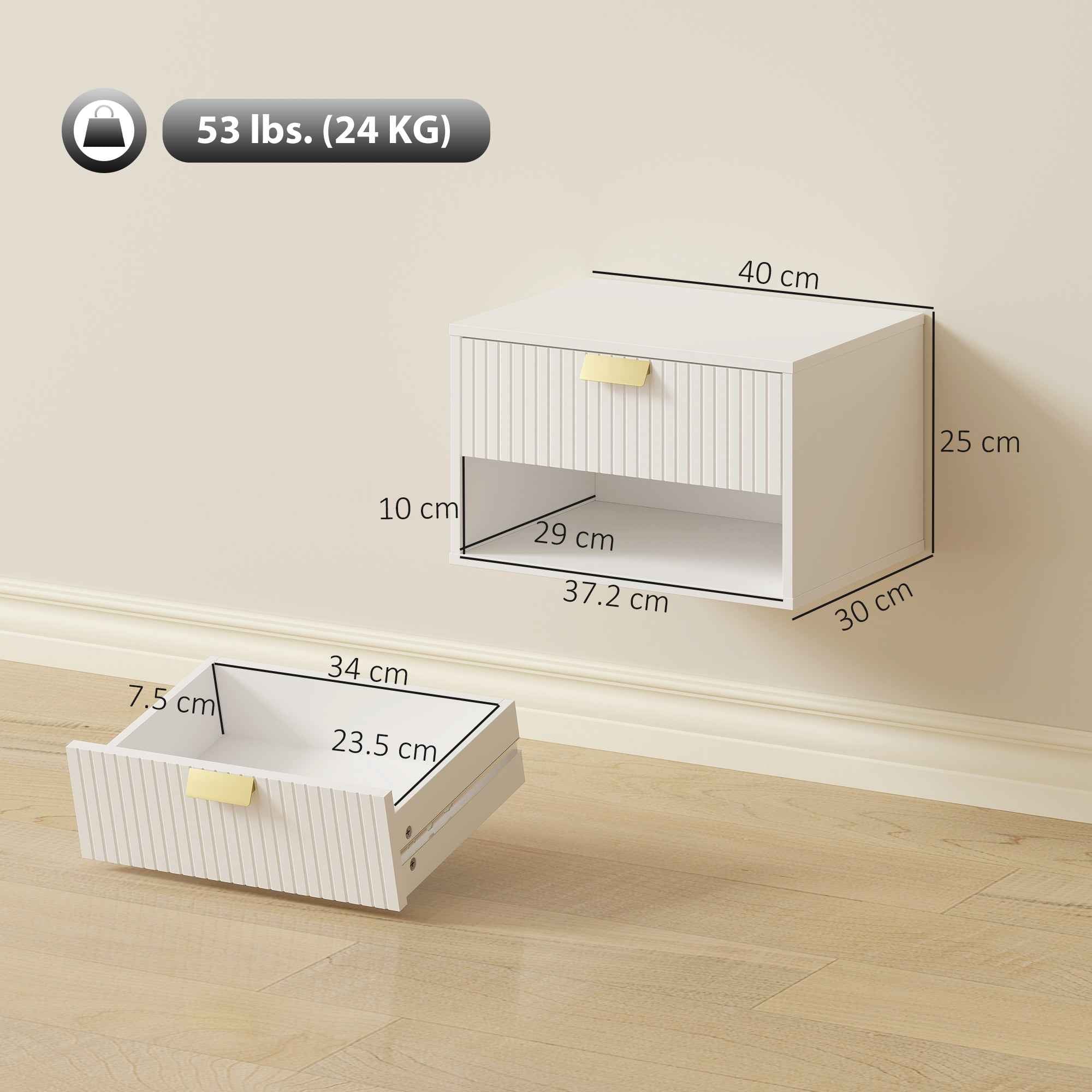 HOMCOM Set of 2 Floating Nightstands with Decorated Drawer and Open Shelf, White