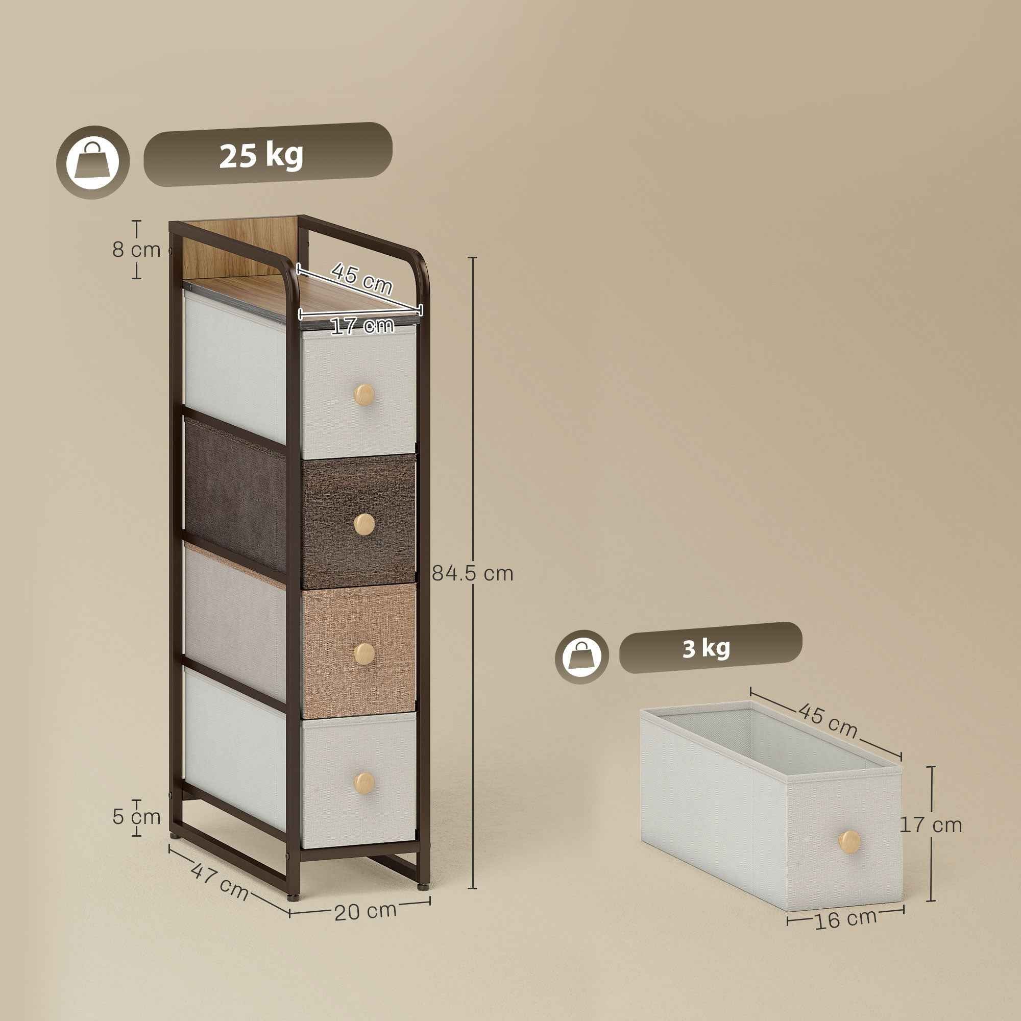 HOMCOM Space-Saving Chest of Drawers with 4 Folding Drawers in Fabric, Steel and Wood, 20x47x84.5 cm, Multicolor