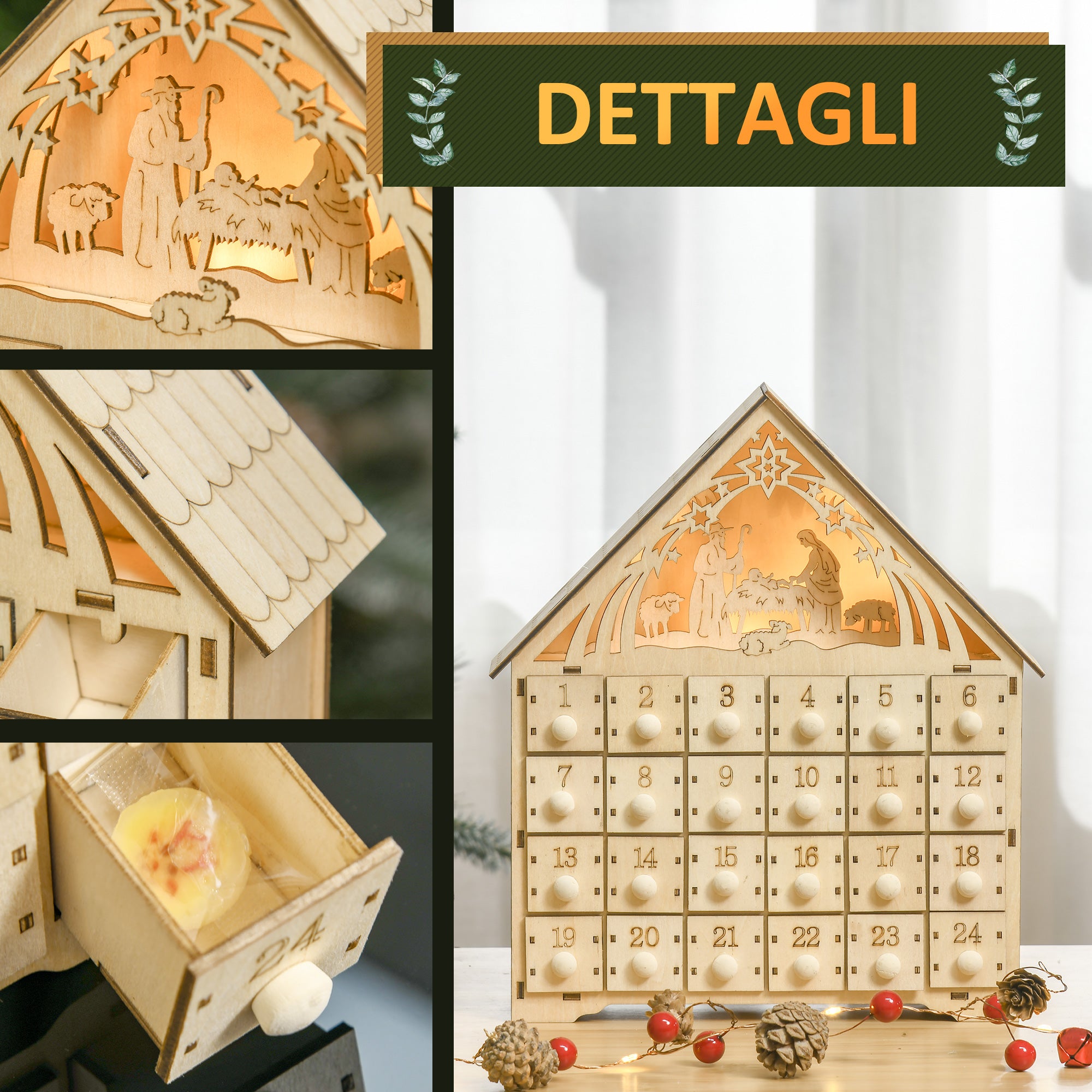 Wooden Advent Calendar with 24 Drawers, Christmas Decoration with Carved Nativity Scene and Lights, 26.6x6x30cm