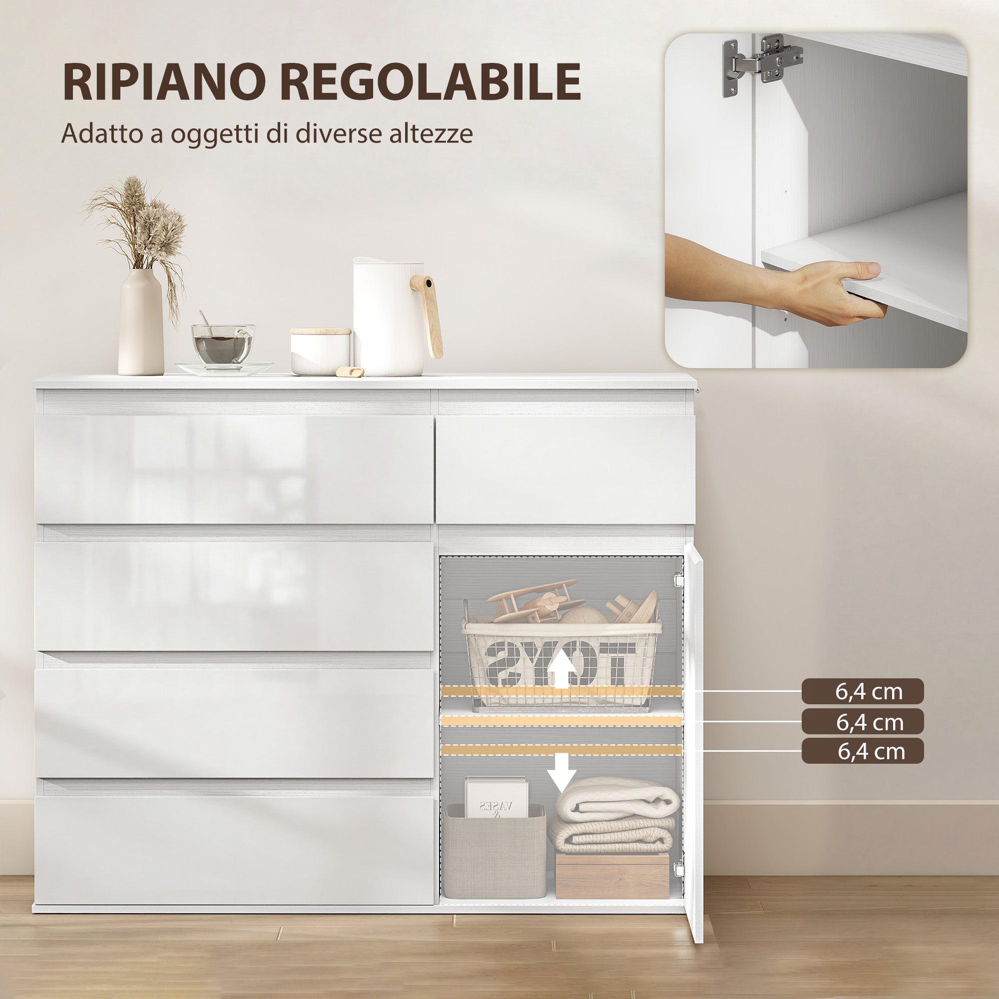Sideboard, Cabinet with 5 Drawers, Adjustable Shelf, Gloss White.