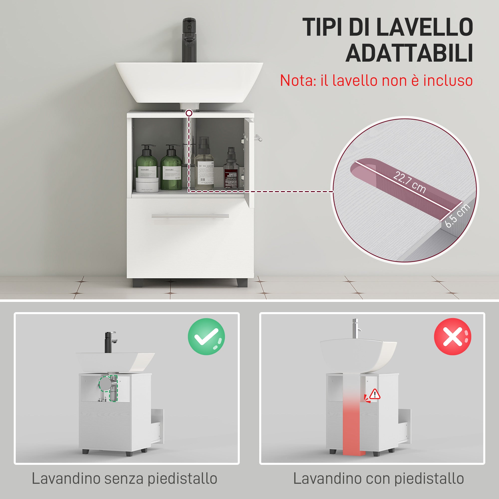 HOMCOM Bathroom Vanity Unit with Drawer and Cabinet, Wooden, 41.5x35.5x59 cm, White