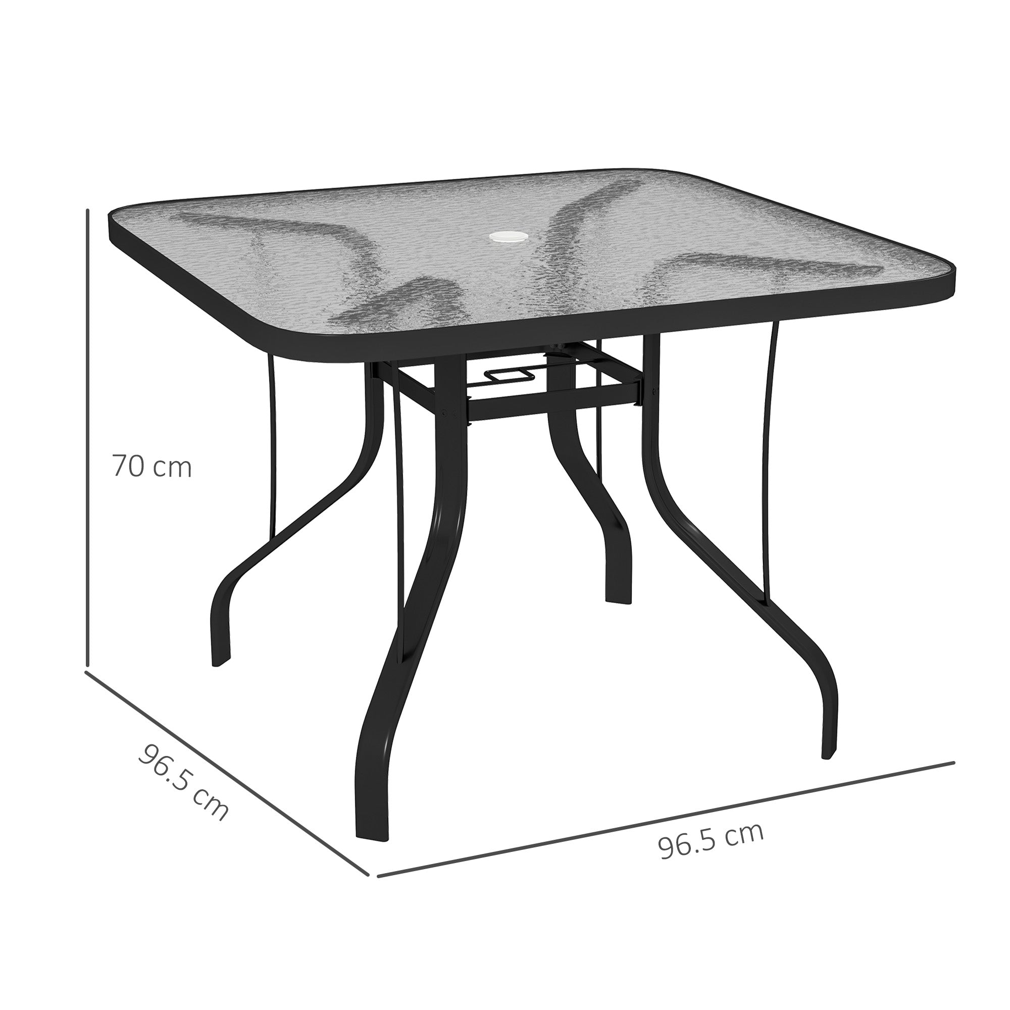 4-seater square garden table with glass top and hole for umbrella Ø54 mm, black