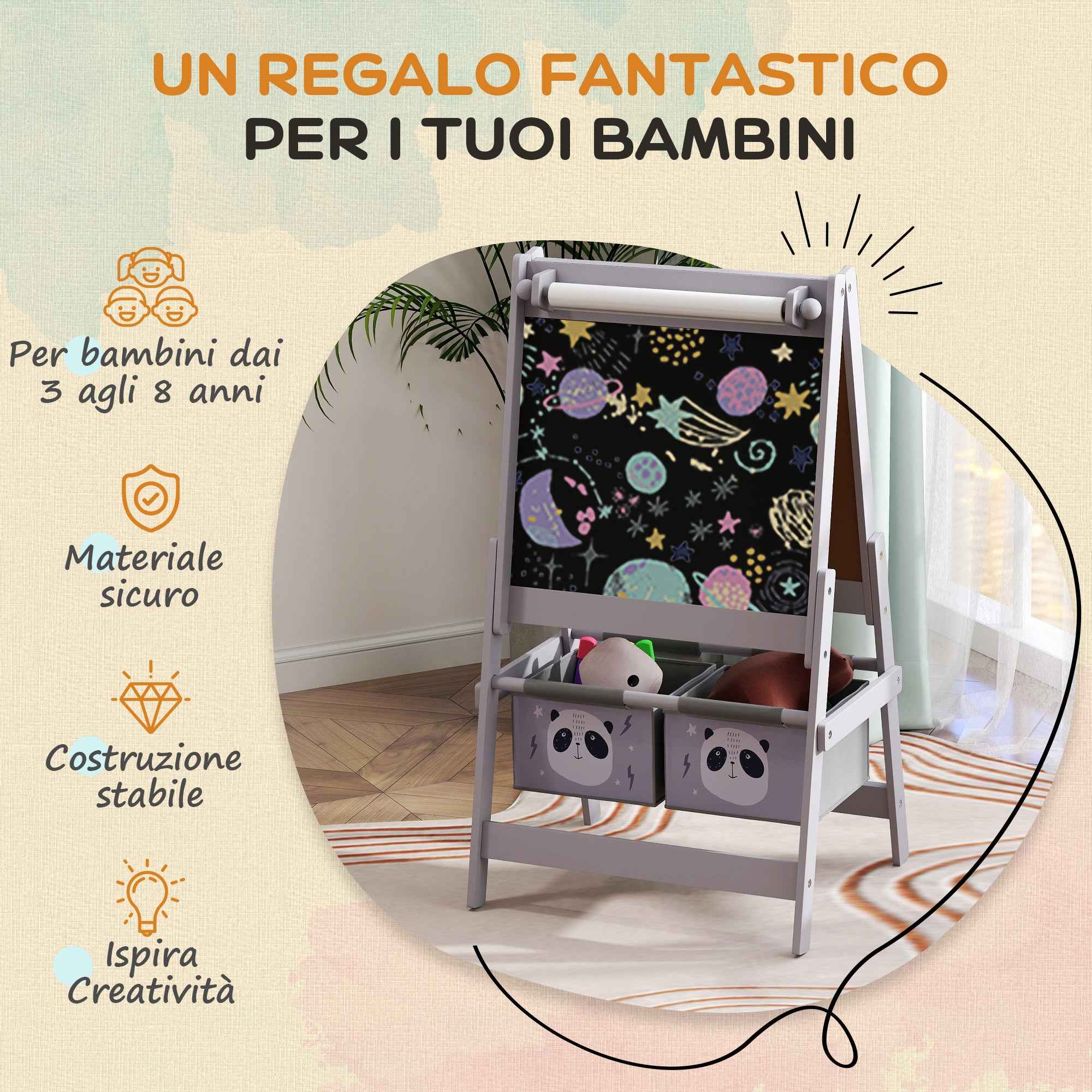 3-in-1 Children's Easel with 2 Storage Bins, Ages 3-8 Years, 54x46.5x93cm, Grey