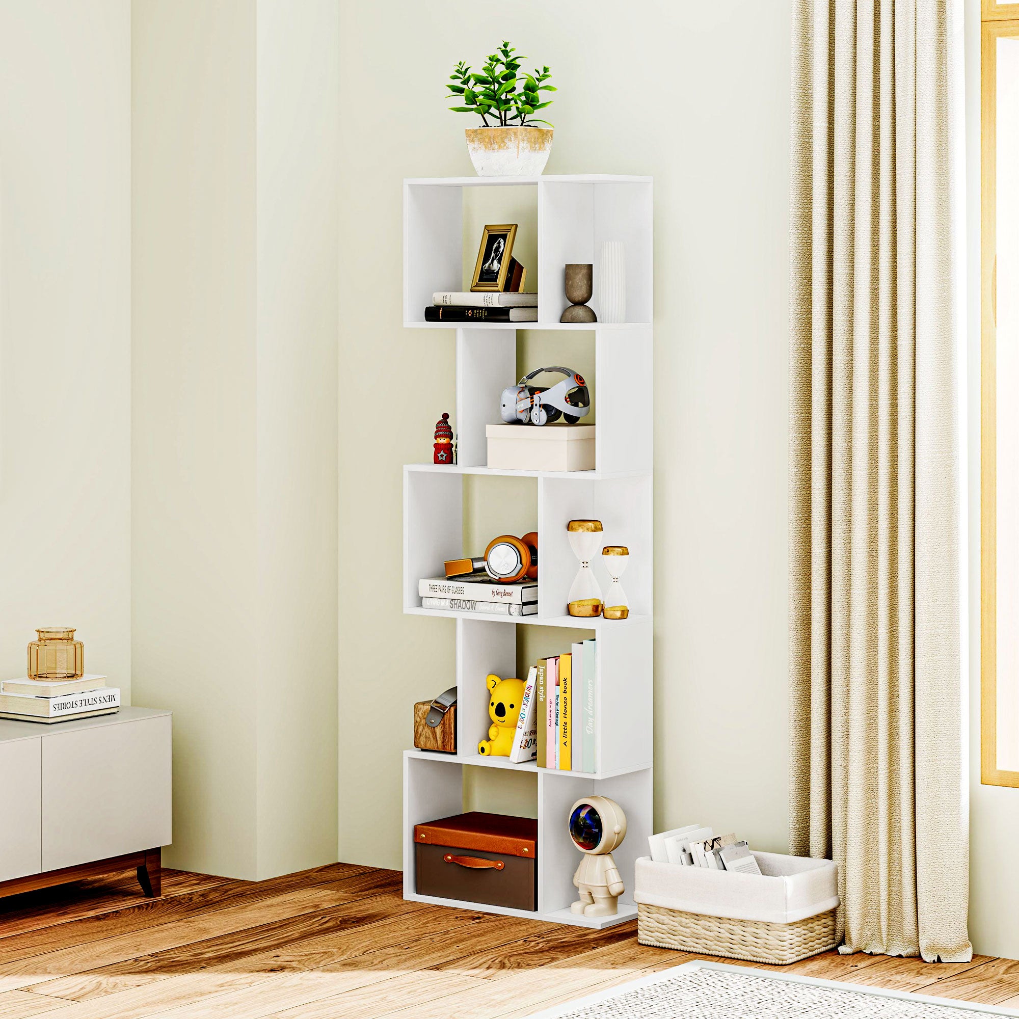 Wooden Bookcase Cabinet with 5 Shelves with Divider, 60x24x184.5 cm, White
