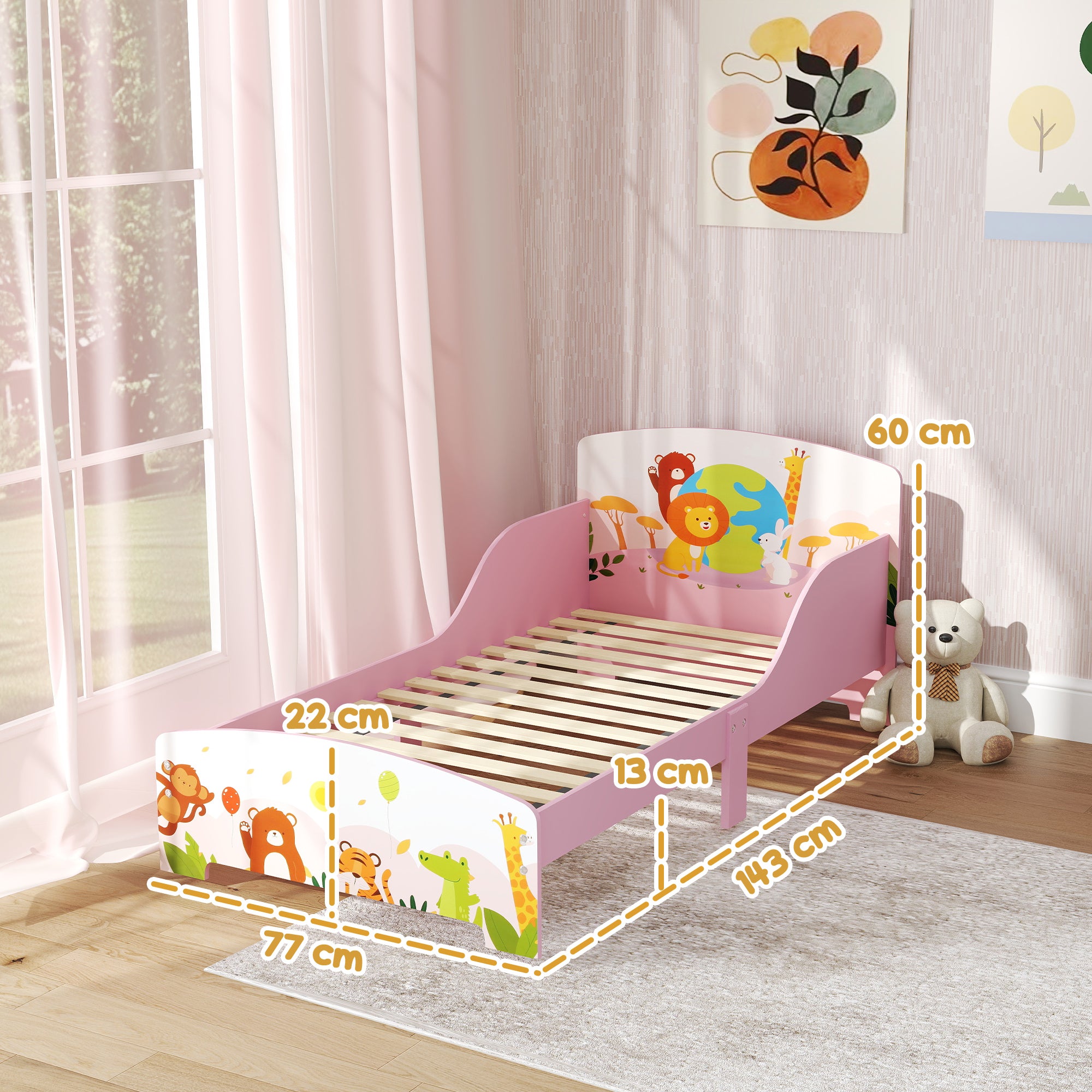 Wooden Cot for Children 3+ Years with Raised Edges and Safety Rails, 143x77x60 cm, Pink