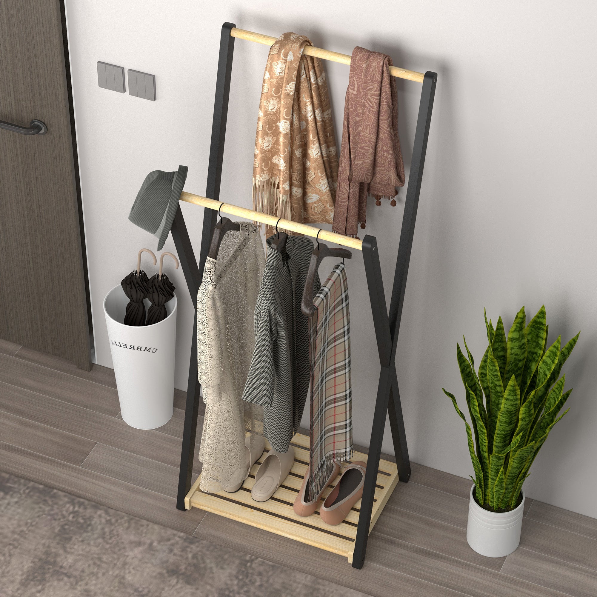 HOMCOM Wooden Floor Coat Rack with 2 Bars and Lower Shelf Modern Design, 61x45x152cm - Borgè