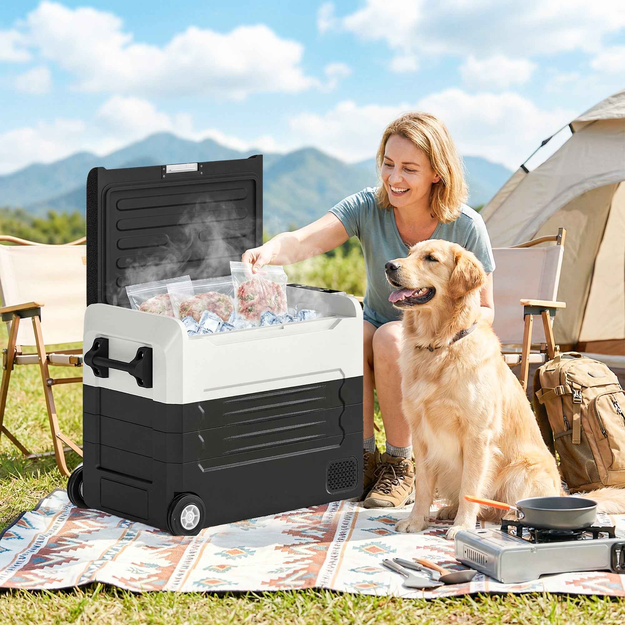 Outsunny 50L Compressor Car Refrigerator, Dual Zone, App Control, Black, Camping.