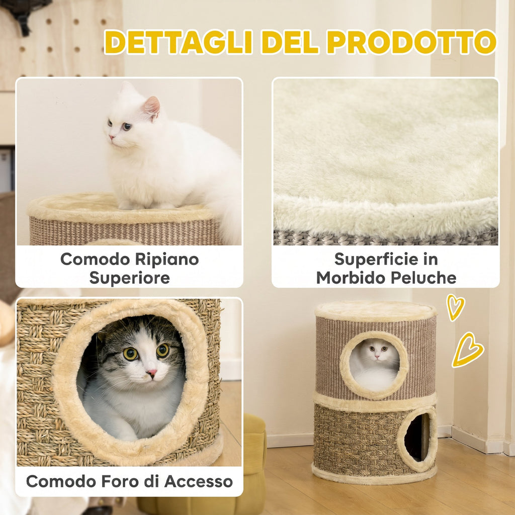 PawHut Cat Scratching Tower with 2 Nests, Sisal Rope and Seaweed, Plush Edge, Khaki