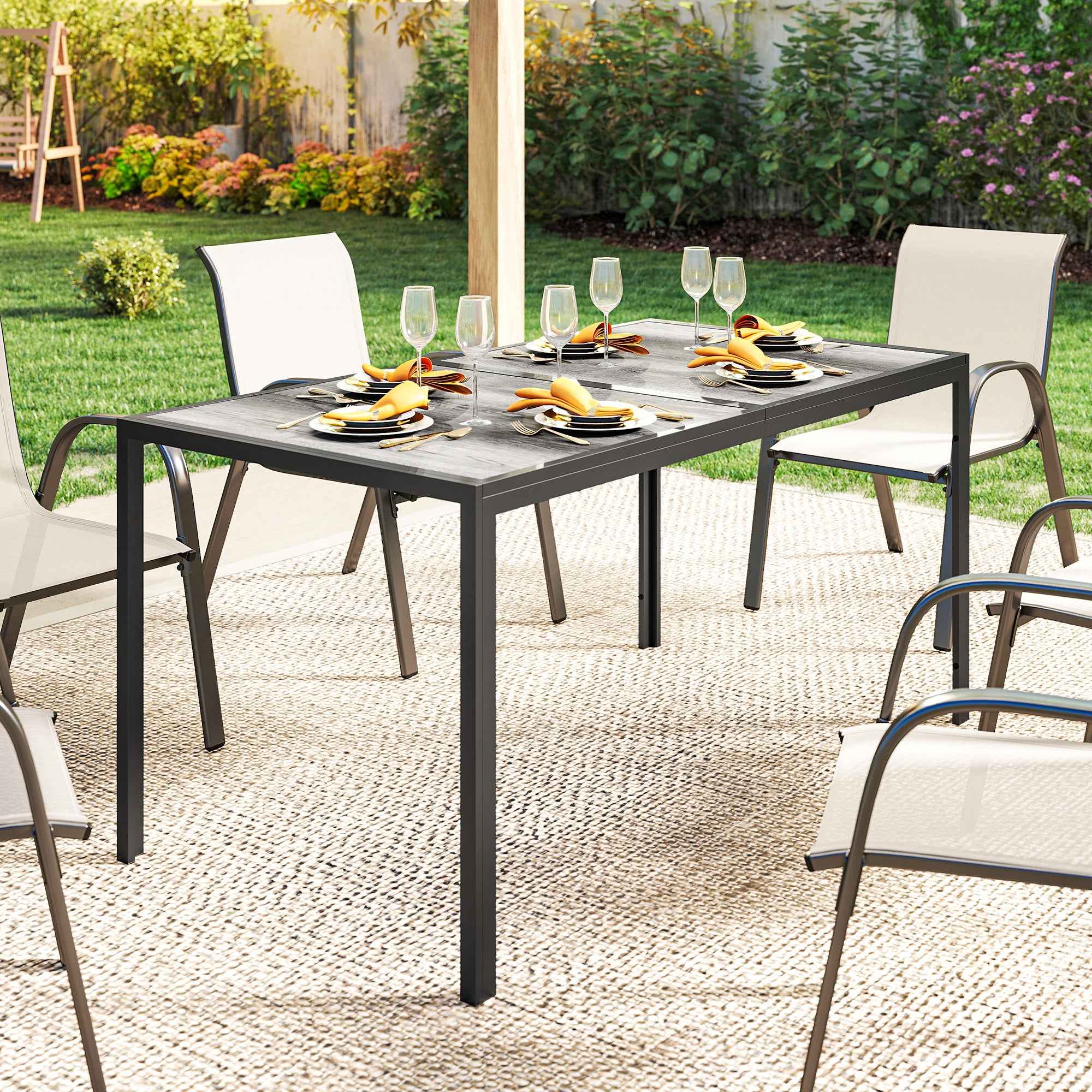 Outsunny Garden Table for 4-6 People with Wood-Effect Top, in Steel and PSPC Plastic, 150x80x74 cm, Grey and Black
