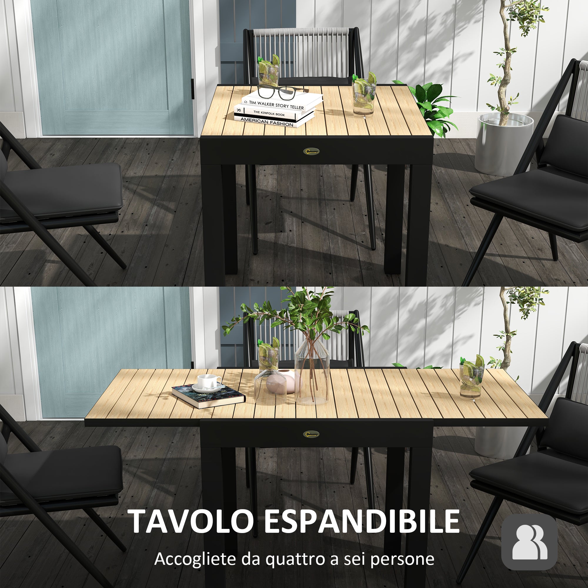 Outsunny Extendable Garden Table for 4-6 People with Slatted Top, Aluminum, 81/162x80x75 cm, Yellow