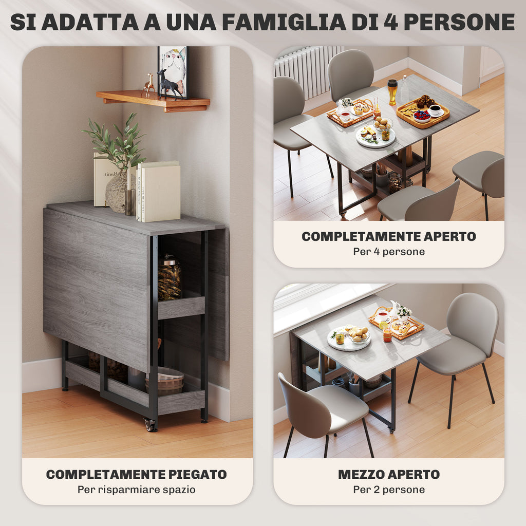 Folding Table with 2 Drop-Leaf Tops for 4 People with 2 Open Shelves, Made of Wood and Metal, 133.4 x 80 x 75 cm, Grey
