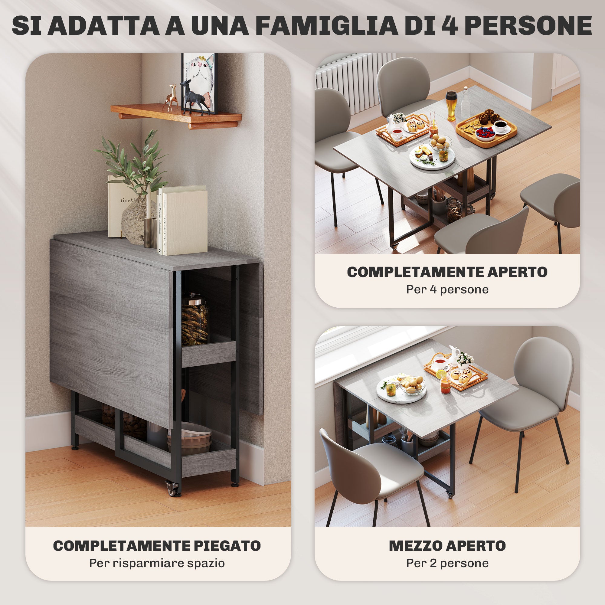 Folding Table with 2 Drop-Leaf Tops for 4 People with 2 Open Shelves, Made of Wood and Metal, 133.4 x 80 x 75 cm, Grey