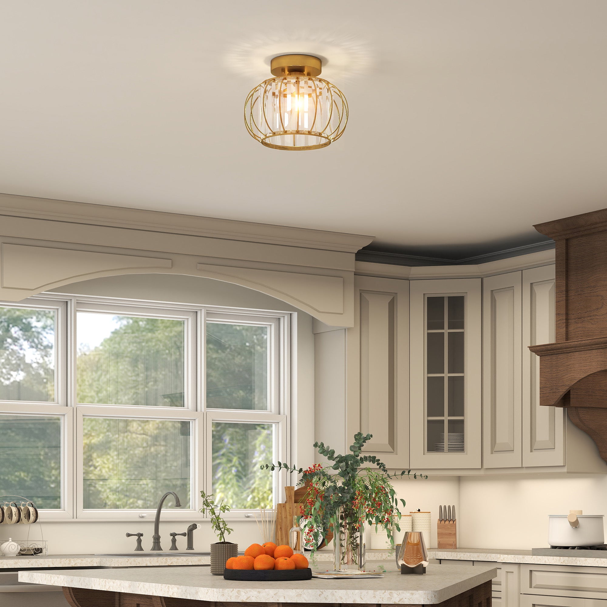 Modern and Minimal LED Cage Ceiling Light with 18 Crystals, Gold Metal, Ø27x19 cm