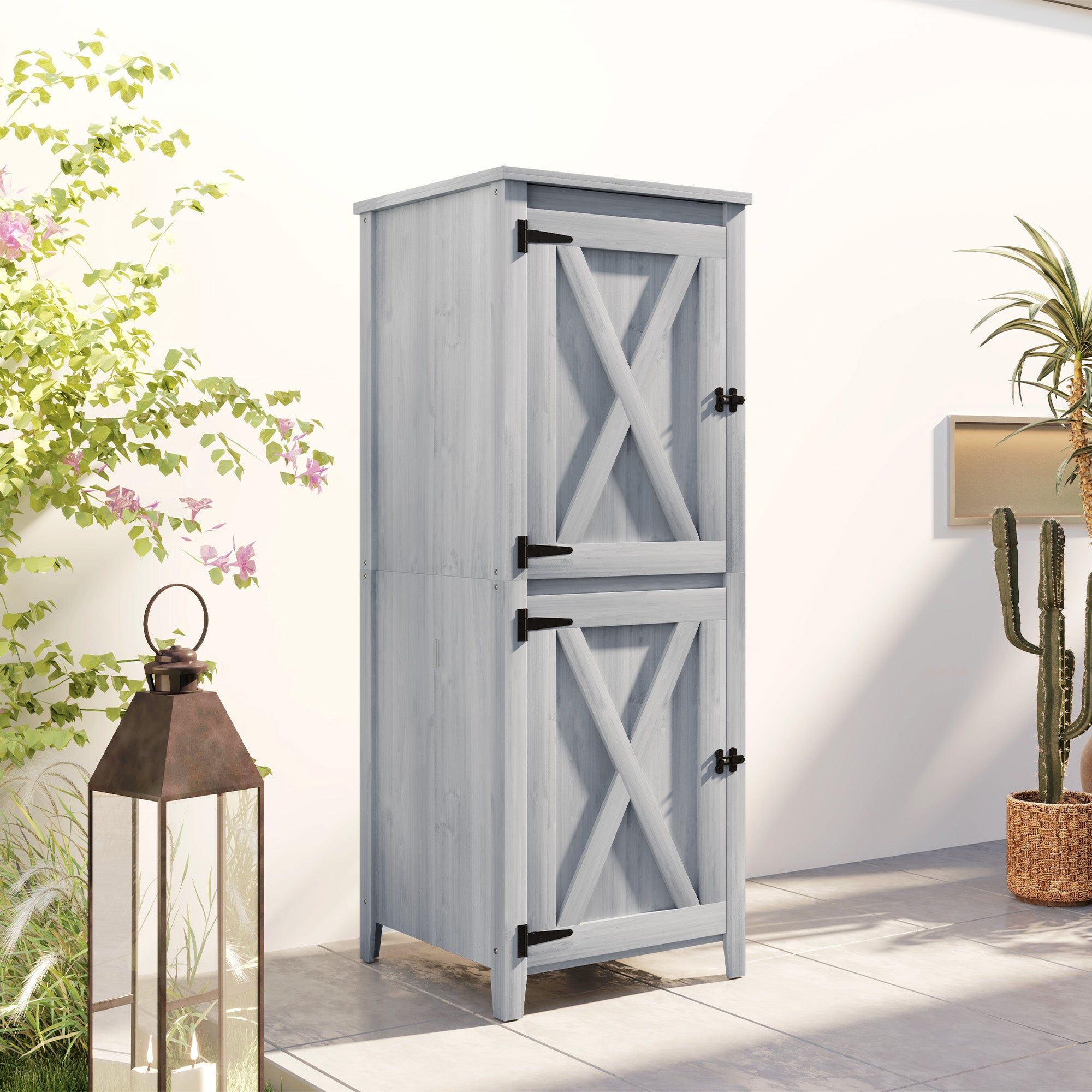 Garden Tool Shed with 2 Lockers, Locking Doors and Removable Shelves, Grey