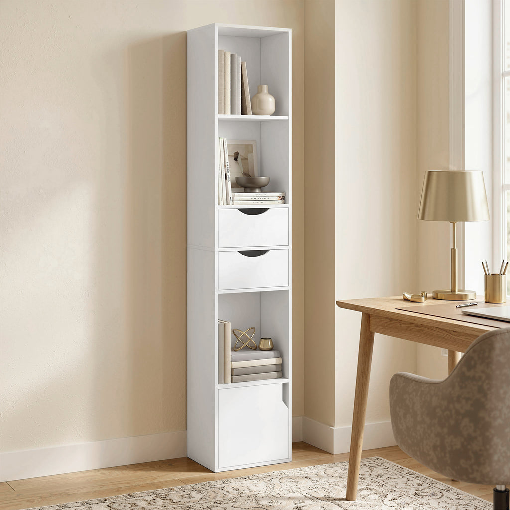 HOMCOM Bookcase with Drawers and Adjustable Wooden Shelf, 30x24x158 cm, White