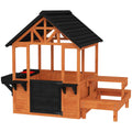 Wooden Playhouse, Indoor/Outdoor Playhouse for Children Ages 3-8 with Table and Benches, Brown
