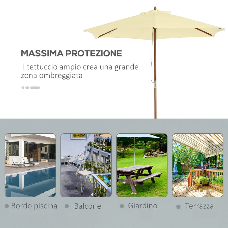 Garden Umbrella 2.5x2.3 m with 6 Ribs in Lacquered Wood and Polyester, Beige - Borge' Group Limited