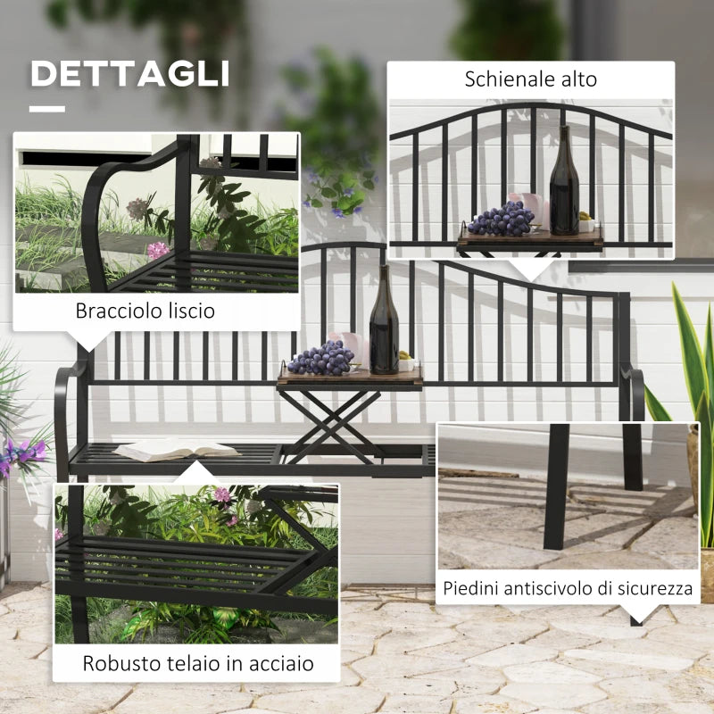 2-Seater Outdoor Bench, Garden Bench with Extendable Metal Table 150 x 53 x 95 cm Black - Borge' Group Limited