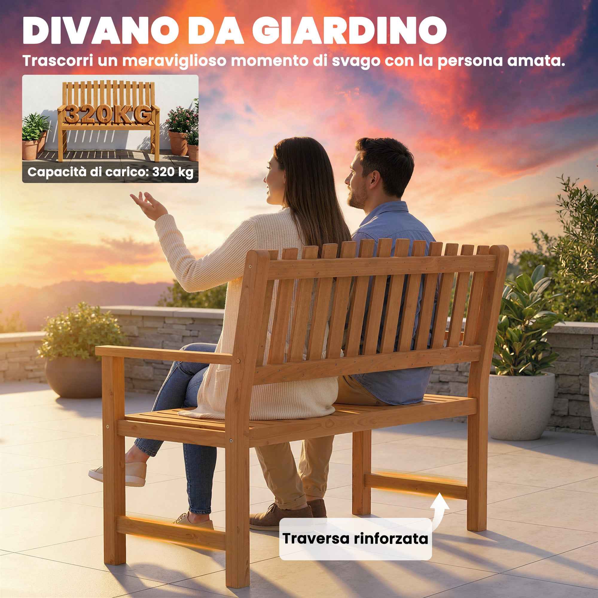 Outsunny 2-Person Garden Bench, FSC Acacia Wood, Slatted Seat and Backrest, Natural