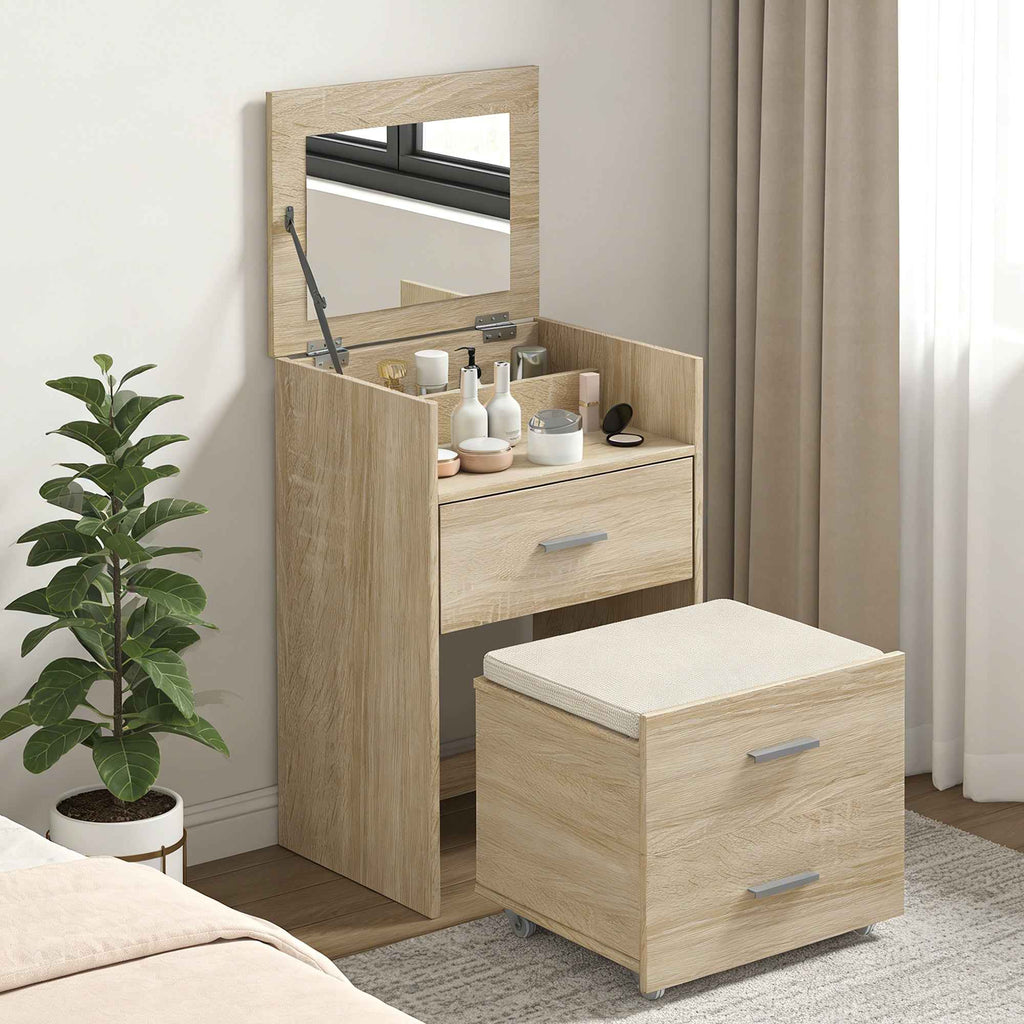 Dressing Table with Folding Mirror, Drawers and Stool, in Wood and Linen Effect Fabric, Wood Color