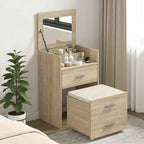 Dressing Table with Folding Mirror, Drawers and Stool, in Wood and Linen Effect Fabric, Wood Color