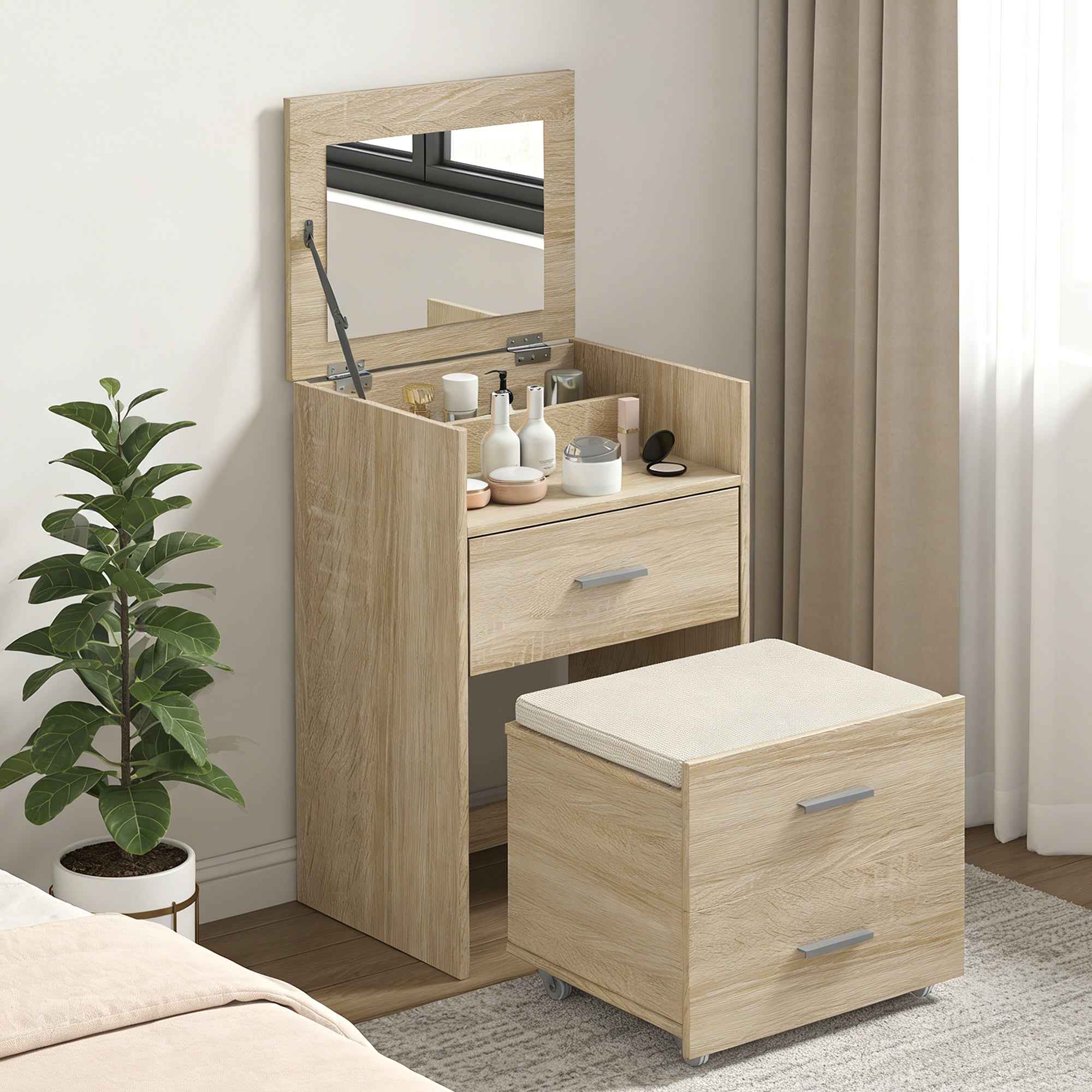 Dressing Table with Folding Mirror, Drawers and Stool, in Wood and Linen Effect Fabric, Wood Color