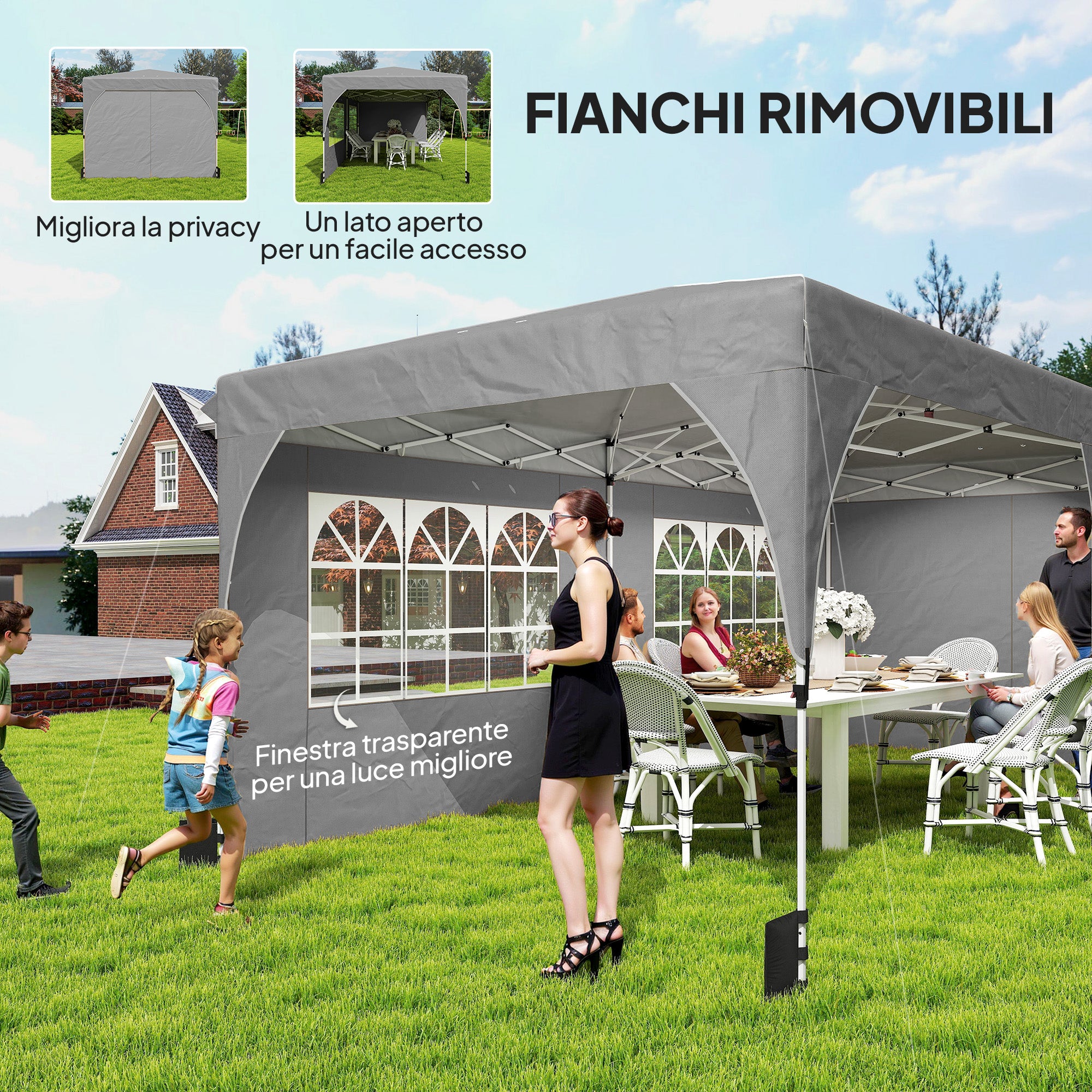 Outsunny 3x6m Folding Gazebo with Walls and Adjustable Height, UV Protection 50+, Light Grey