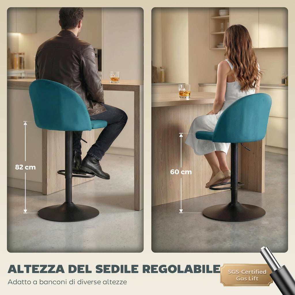 HOMCOM Set of 2 Bar Stools, Modern Swivel Barstools with Footrest, Blue