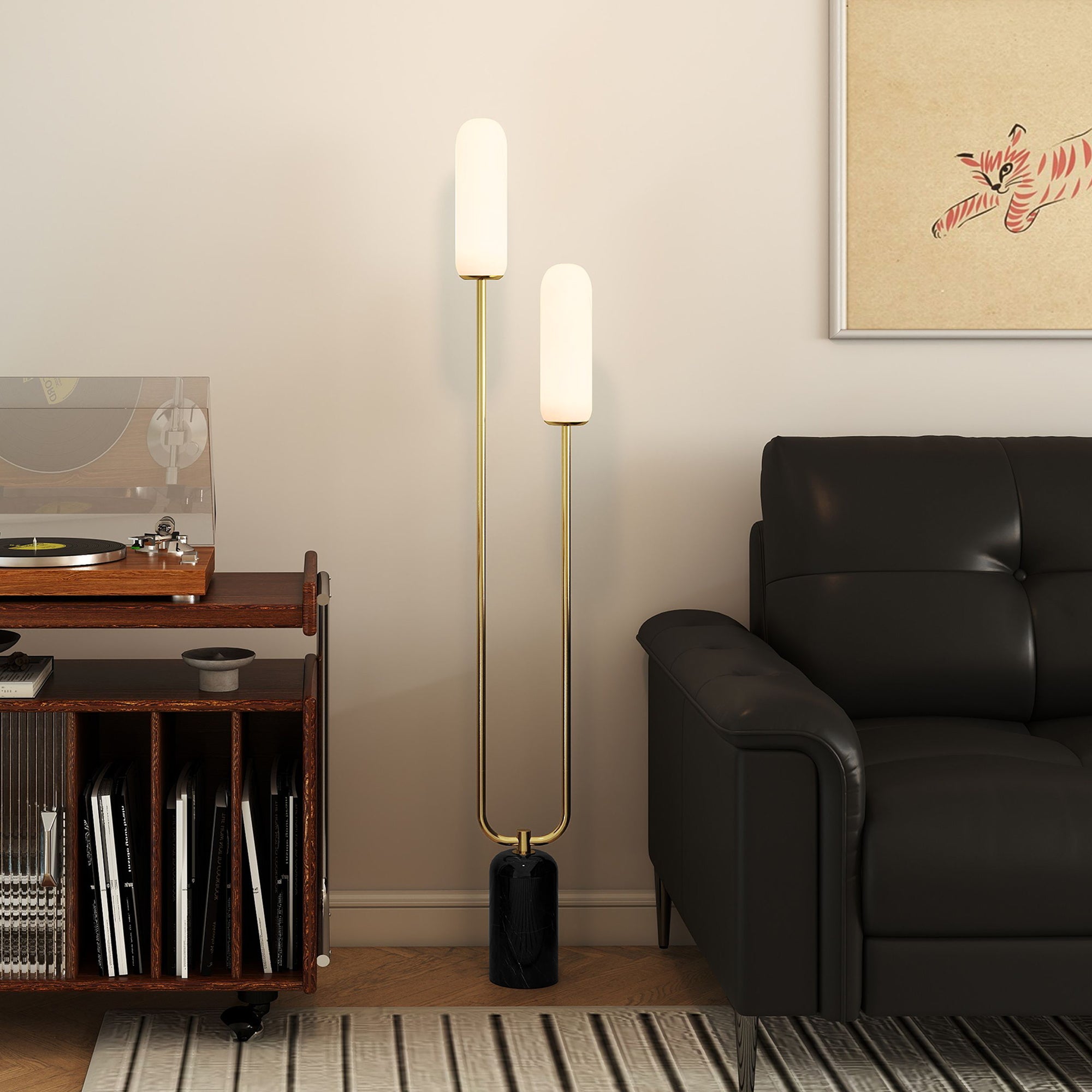 U-Shaped Floor Lamp with 2 Lights, Foot Switch and Marble Base, 26x12x150 cm, White, Black and Gold