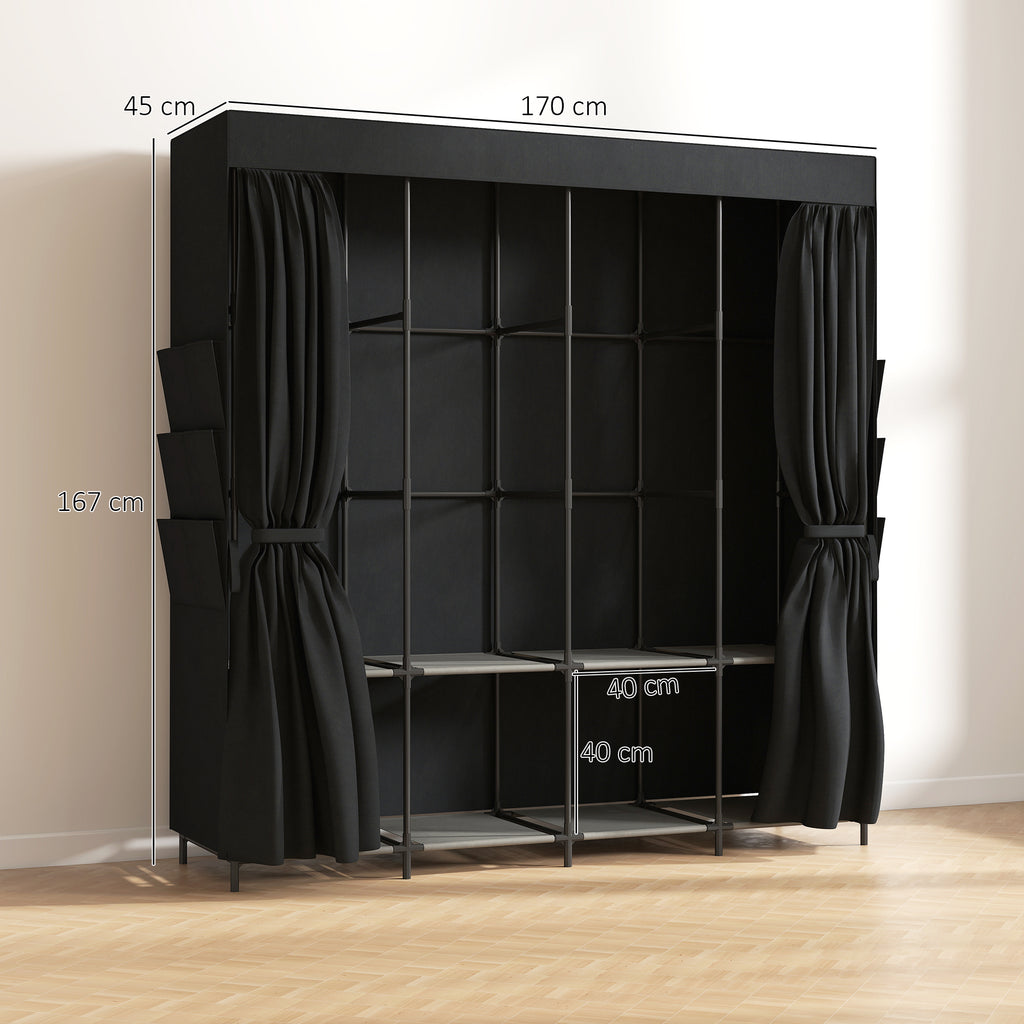 HOMCOM Space-Saving Fabric Wardrobe with 5 Rods, 4 Shelves, 6 Side Pockets, 170x45x167 cm, Black