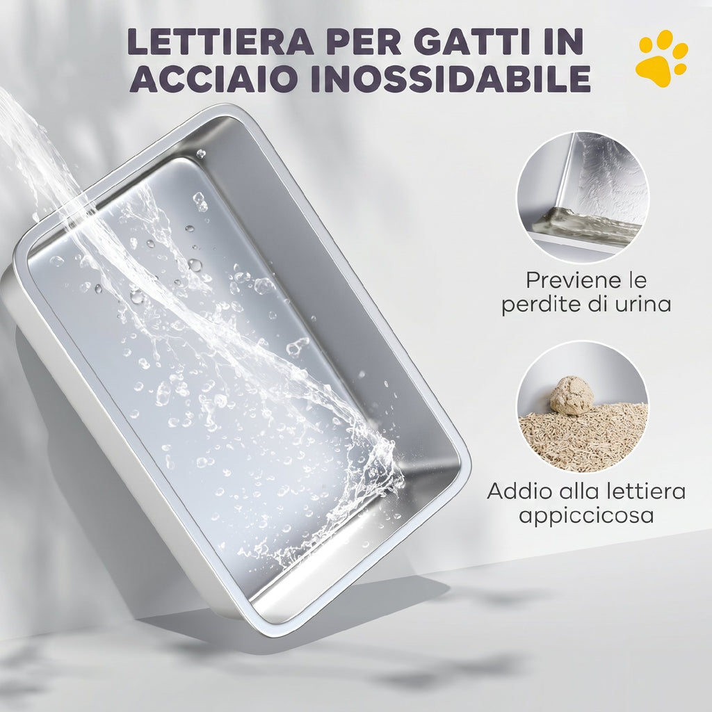 PawHut XL Stainless Steel Enclosed Cat Litter Box with Lid, Scoop, and Collection Mat, Dark Grey