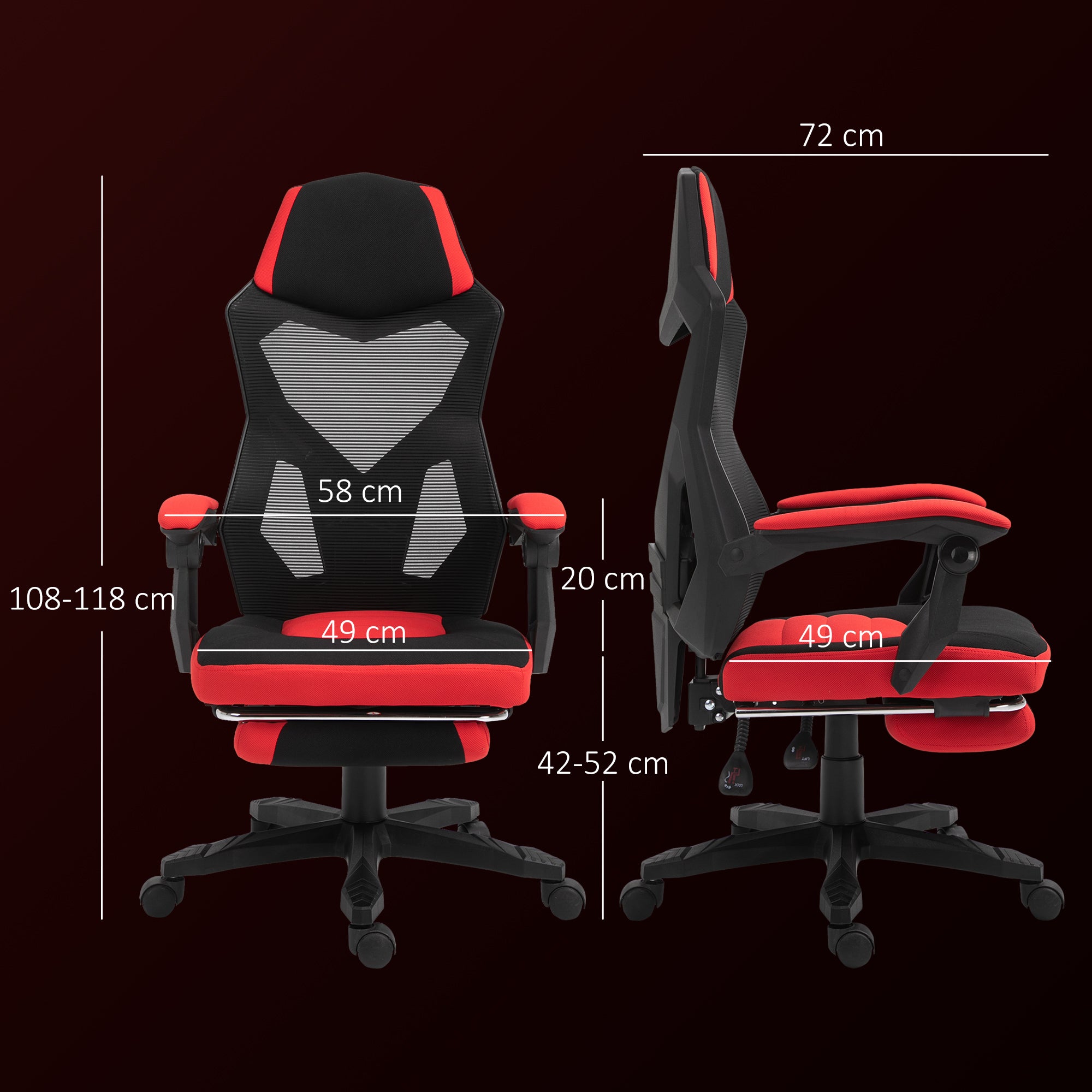 Ergonomic Reclining Office Chair with Footrest, Mesh Fabric, 58x63x112-122 cm, Black and Red