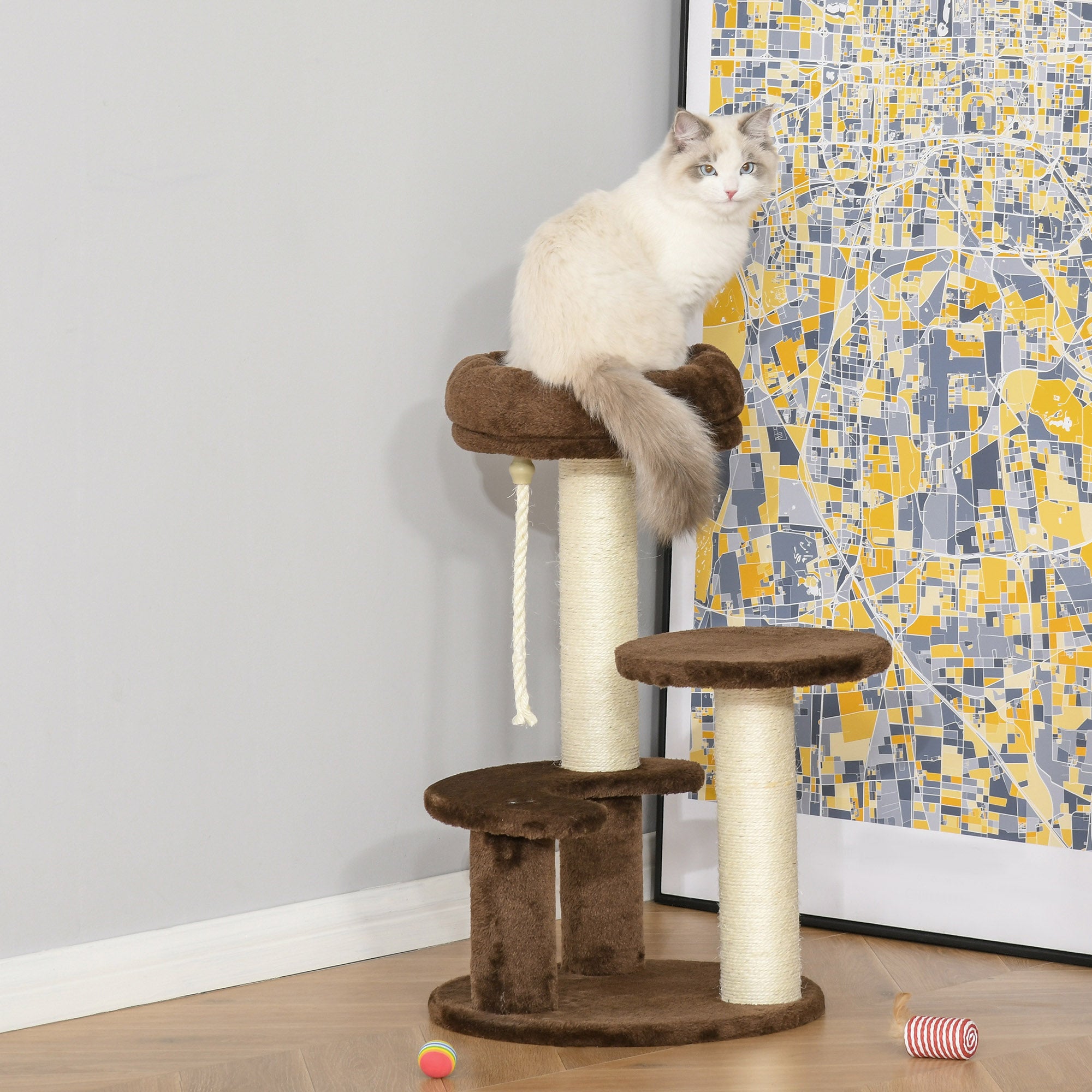 3-Tier Cat Scratching Tree with Plush Bed and Sisal Poles, Ø40x65 cm, Brown