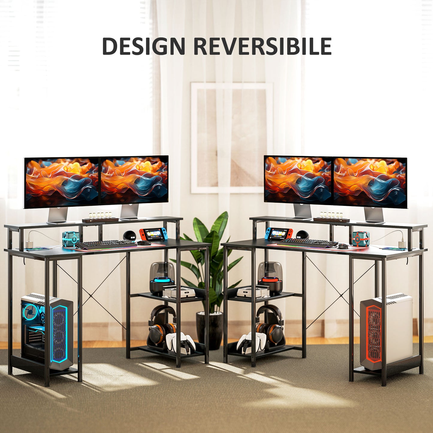 Reversible PC Desk with Power Sockets, Lights, Monitor Stand and Shelf, 120x50cm, Black