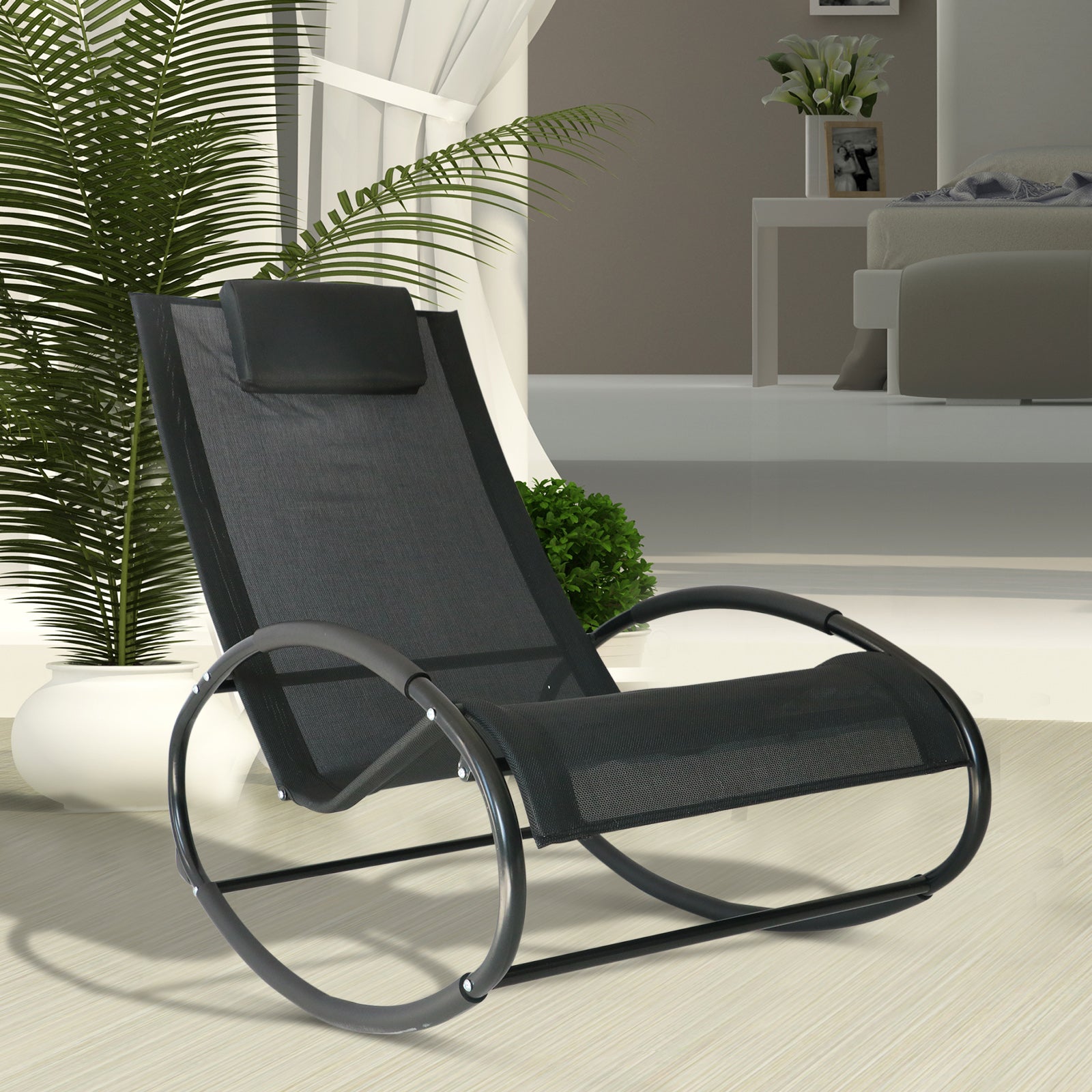 Zero Gravity Garden Lounger, Rocking Chair with Cushion and Breathable Fabric, 105x62x88cm, Black