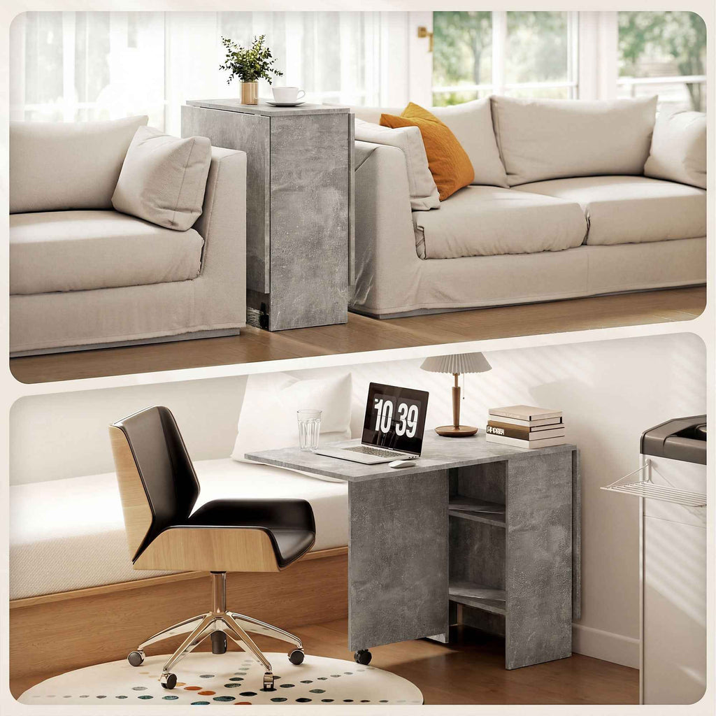 HOMCOM Folding Dining Table with Shelves, Drop-Leaf Top and Wheels, Cement Grey