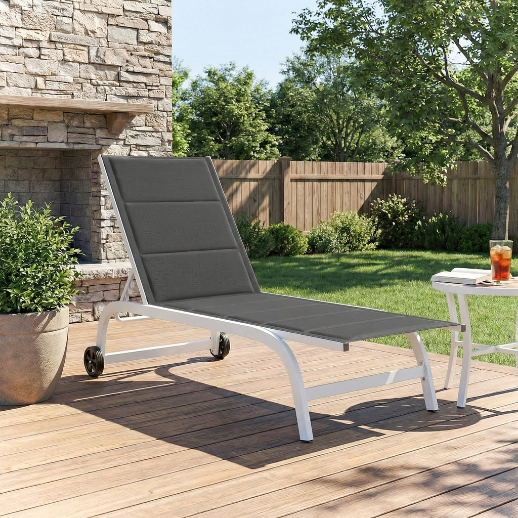 Outsunny Garden Sun Lounger with Wheels, in Texteline with Aluminum Frame, Dark Gray and White