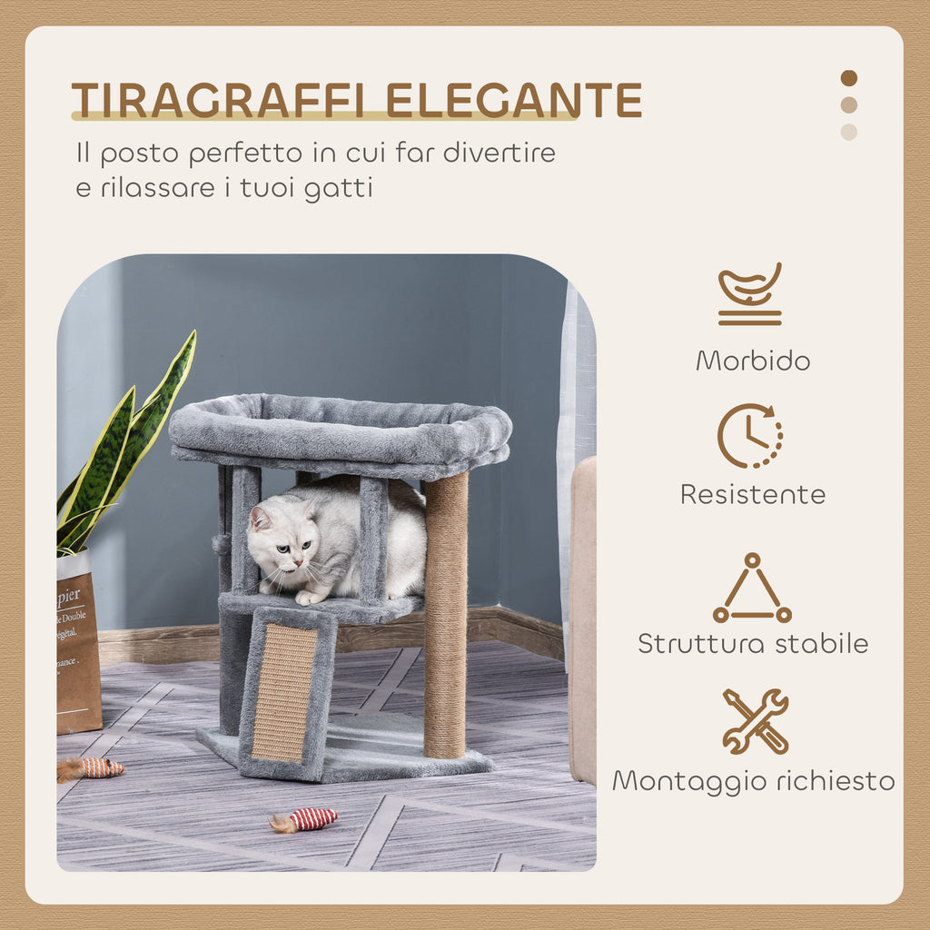 Cat Tree with Cat House and Plush Bed, Jute Scratching Post and Ball, Grey