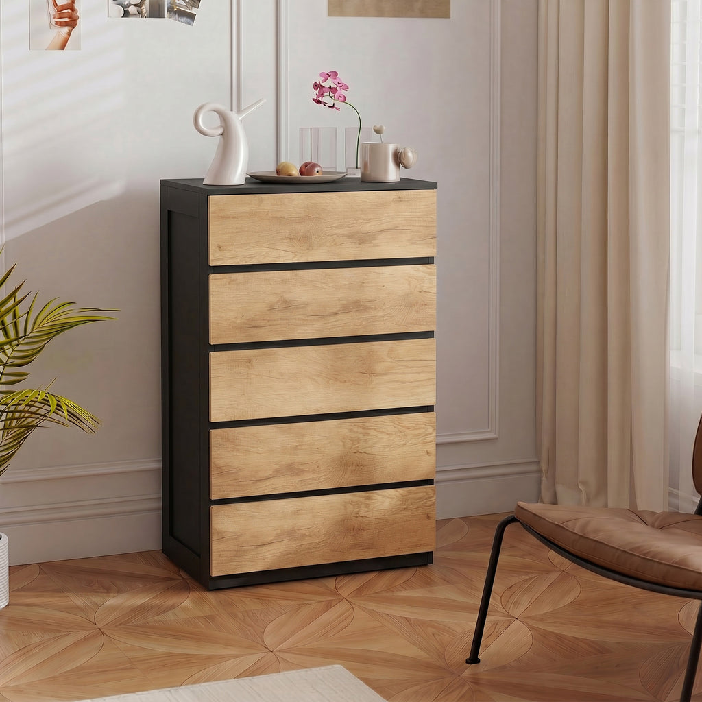 HOMCOM 5-Drawer Wooden Chest of Drawers with Metal Rails and Grooved Handles, 60x39x100 cm, Black and Oak