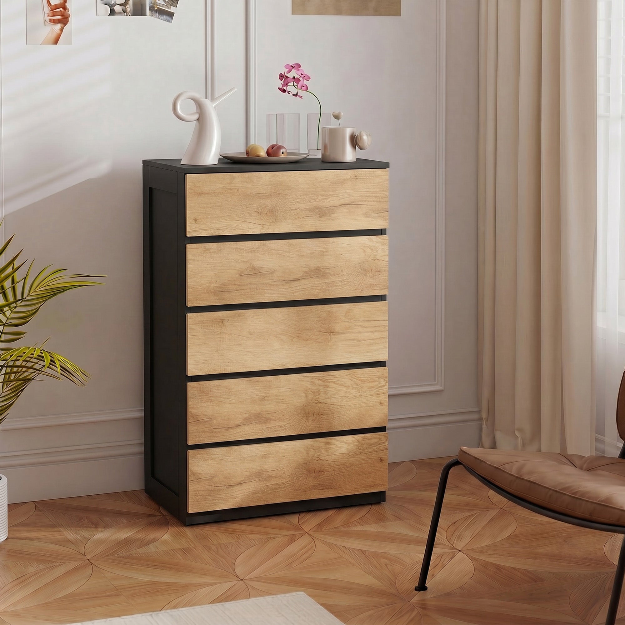 HOMCOM 5-Drawer Wooden Chest of Drawers with Metal Rails and Grooved Handles, 60x39x100 cm, Black and Oak