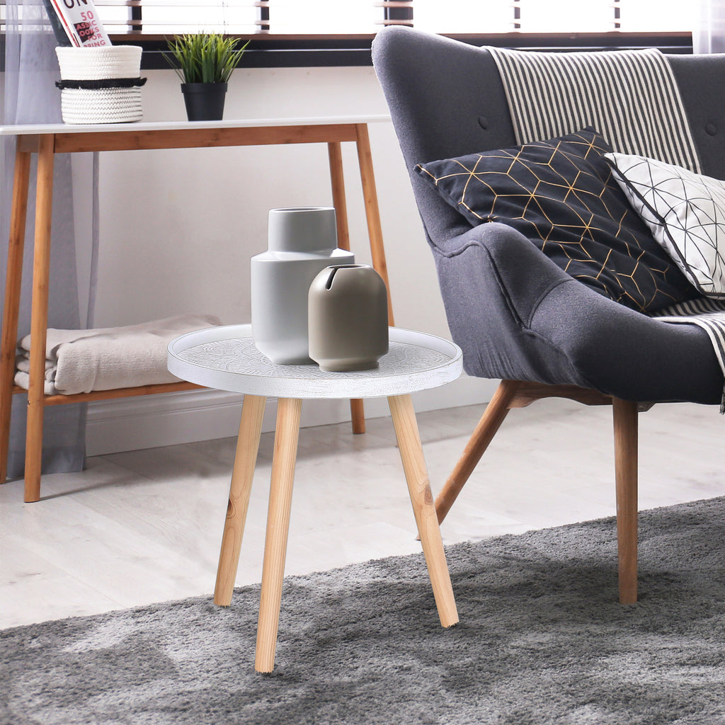 Round Coffee Table with Raised Edge, Wooden, Φ40x40.5cm - White and Gold