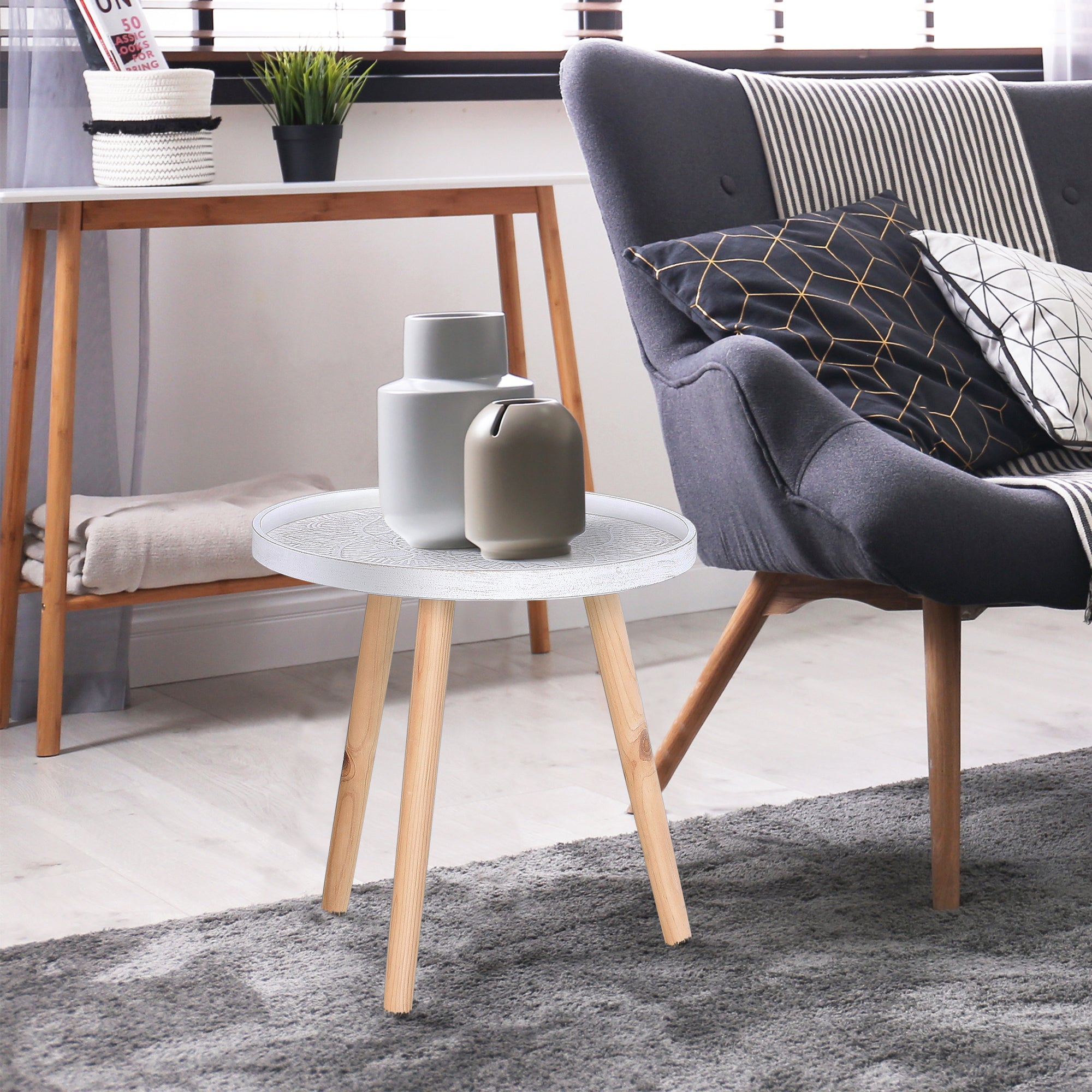 Round Coffee Table with Raised Edge, Wooden, Φ40x40.5cm - White and Gold