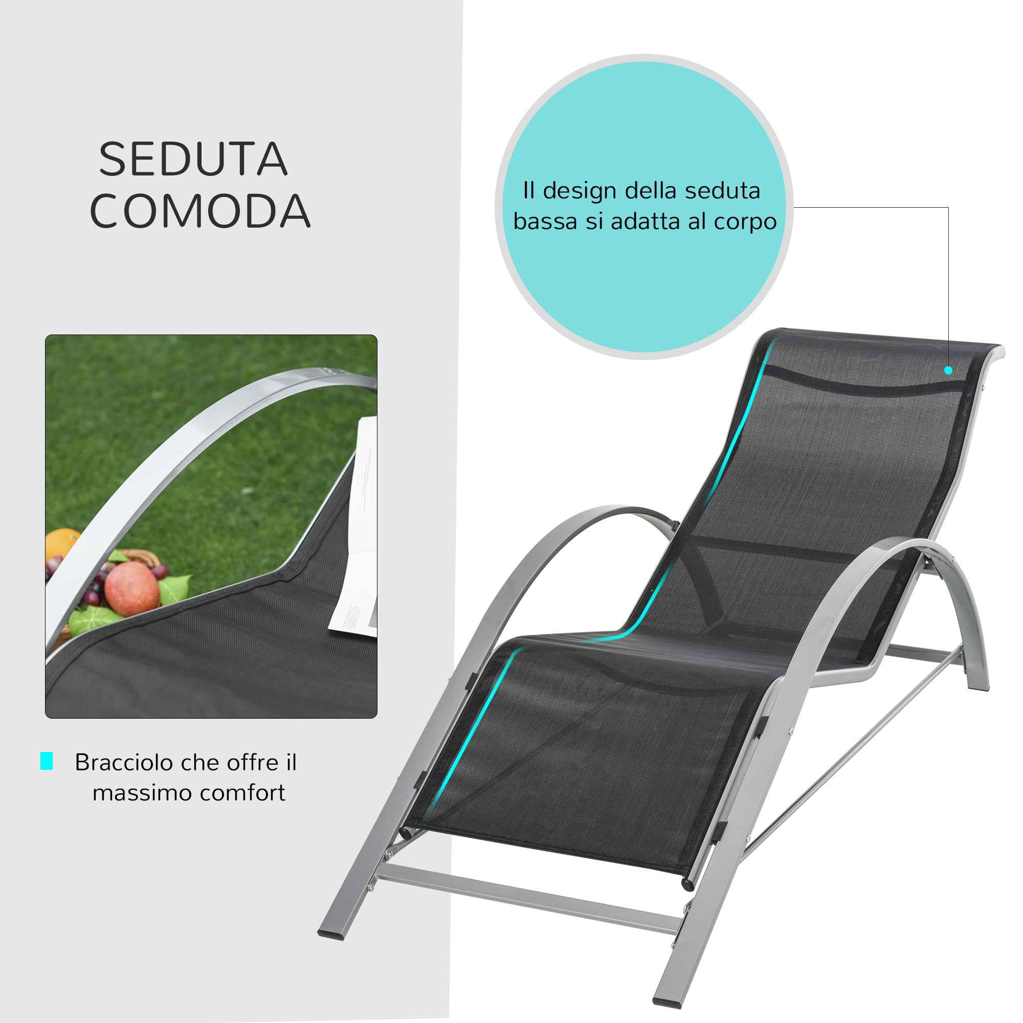Outsunny Set of 2 Garden Loungers and Glass Table, Sun Lounger with Breathable Fabric, 59x169x66cm, Black and Grey