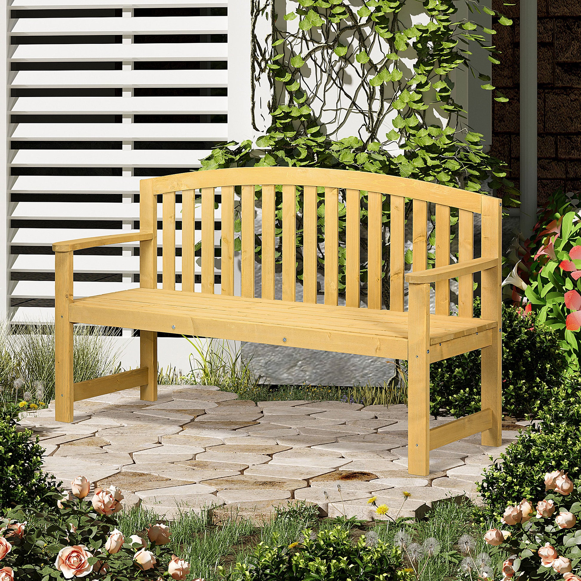 Outsunny 2-Seater Garden Bench with Slatted Seat and Backrest, in Fir Wood, 143x51x85 cm - Borgè