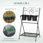 Folding Metal Plant Stand with 3 Pots and Bottom Shelf for Home and Garden, 47x37x78.5cm, Black