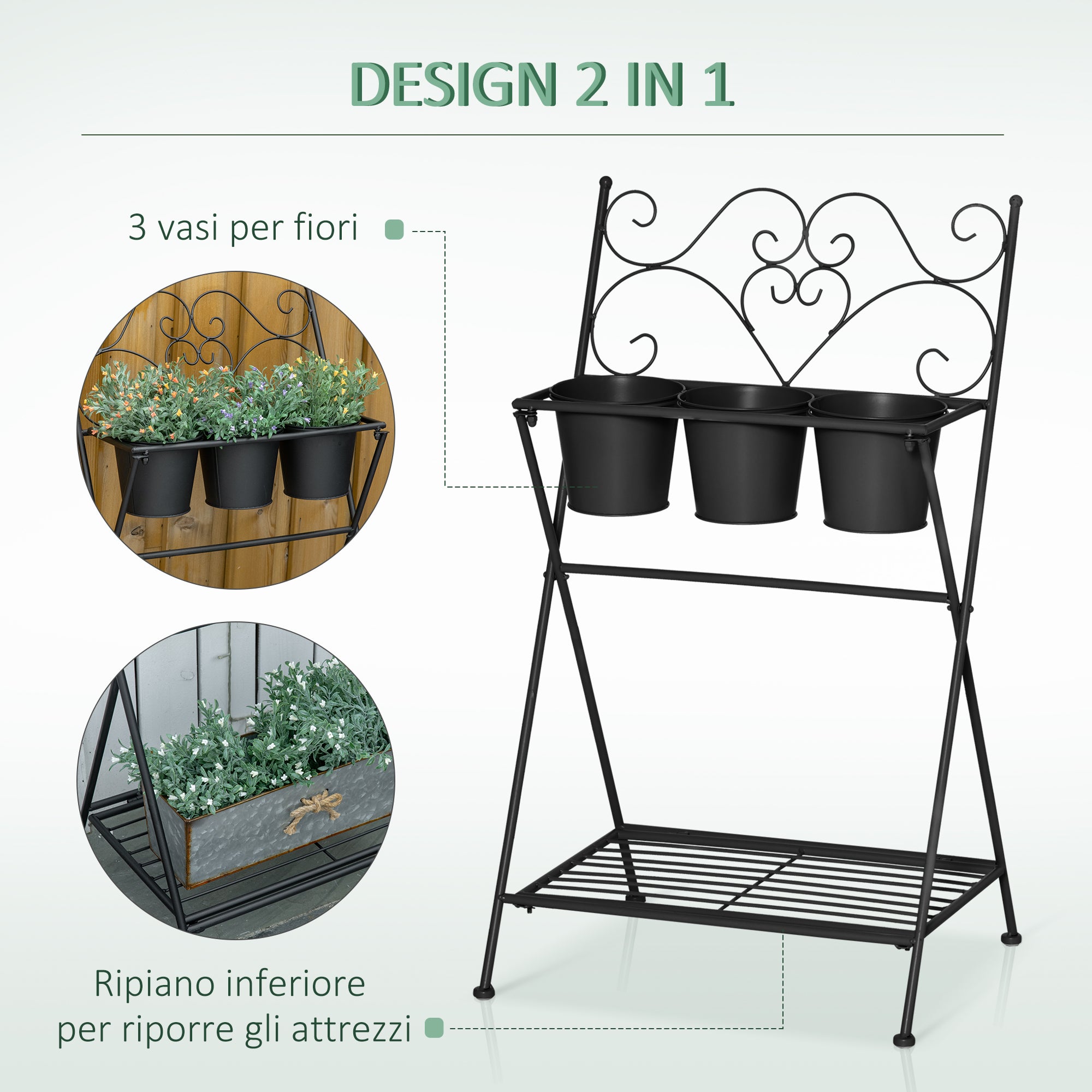 Folding Metal Plant Stand with 3 Pots and Bottom Shelf for Home and Garden, 47x37x78.5cm, Black
