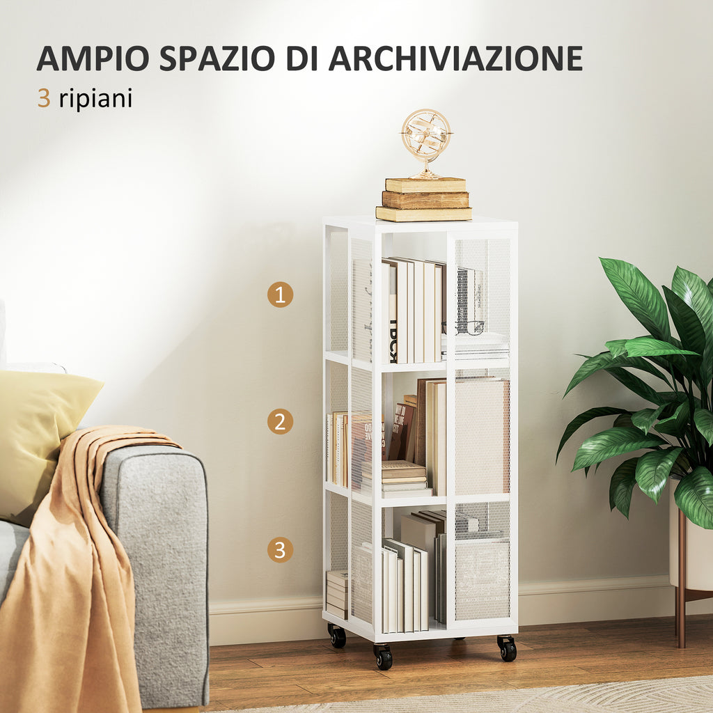 Modern 3-Tier Metal Mesh Bookcase with Wheels, 35x35x99cm, White