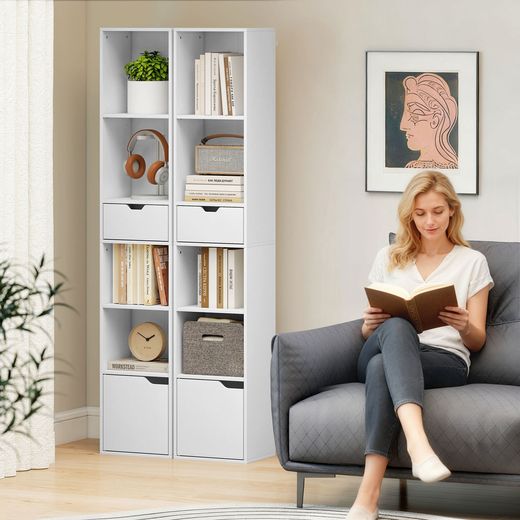4-Tier Open Bookcase with Cabinet and Drawer, 30x24x158 cm, White Wood
