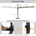 3x3m Cantilever Umbrella Tiltable with Crank and Cross Base, in Steel and Polyester, Cream White